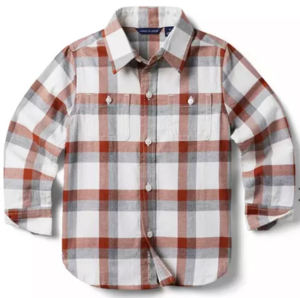 NWT Janie and Jack | Brown + Grey Plaid Brushed Twill Shirt | Size 16